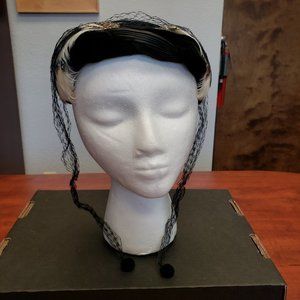 Vintage Black Velvet Hat with White Feather Accents & Veil